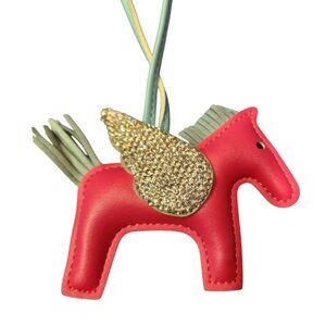 Pink Faux Leather Pegasus Bag Charm With Silver Glitter Wing